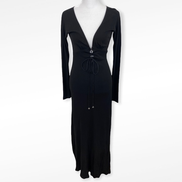 VTG Kenth Andersson Black Deep V Tie Front Long Sleeve Fitted Maxi Dress - Picture 9 of 9